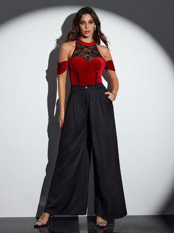 ELEONORA CICCHETTI Designer Women's Black Red Lace Velvet Stand Collar Sexy Cold Shoulder Bodysuit Christmas Party, Holiday, New Year