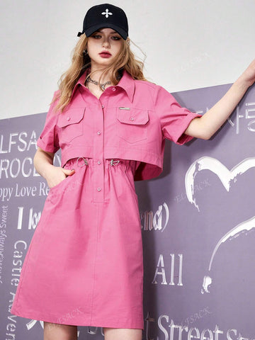 ELFSACK 2 In 1 Waist-Cinched Utility Shirt Dress For Women, 2024 Spring New Small Figure Slimming