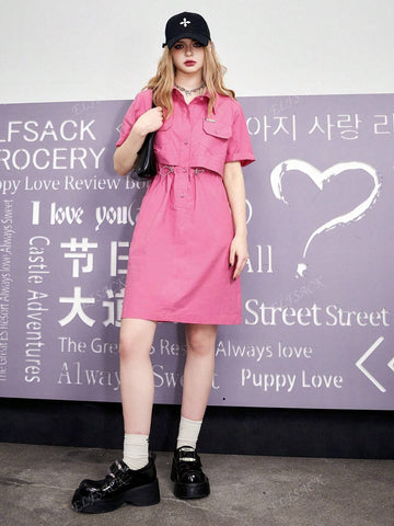 ELFSACK 2 In 1 Waist-Cinched Utility Shirt Dress For Women, 2024 Spring New Small Figure Slimming