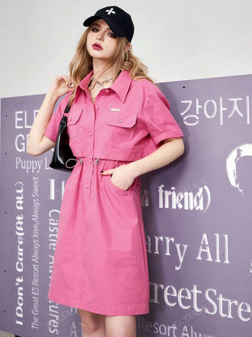 ELFSACK 2 In 1 Waist-Cinched Utility Shirt Dress For Women, 2024 Spring New Small Figure Slimming
