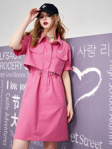 ELFSACK 2 In 1 Waist-Cinched Utility Shirt Dress For Women, 2024 Spring New Small Figure Slimming