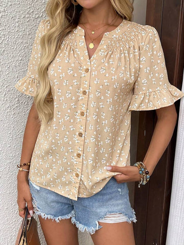 EMERY ROSE 1pc Women Ditsy Floral Front Button Notched Neck Short Sleeve Elegant Blouse