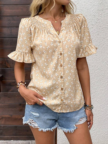 EMERY ROSE 1pc Women Ditsy Floral Front Button Notched Neck Short Sleeve Elegant Blouse
