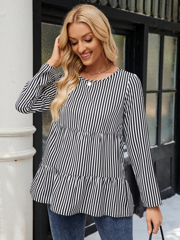 EMERY ROSE 1pc Women Striped Layer Long Sleeve Blouse, Black & White
