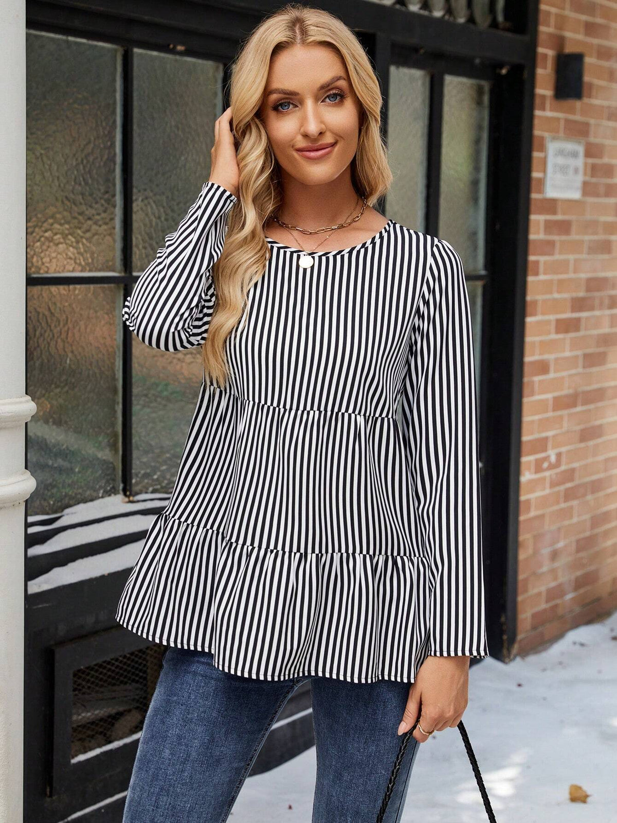 EMERY ROSE 1pc Women Striped Layer Long Sleeve Blouse, Black & White