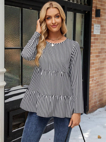 EMERY ROSE 1pc Women Striped Layer Long Sleeve Blouse, Black & White