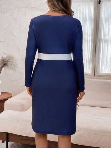 EMERY ROSE 1pc Women's Casual Colorblock Fitted Dress, Autumn