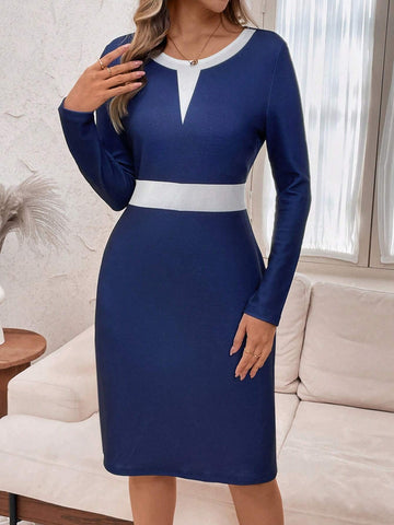 EMERY ROSE 1pc Women's Casual Colorblock Fitted Dress, Autumn