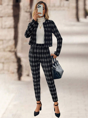 EMERY ROSE 2pcs/Set Women Plaid Long Sleeve Cardigans & Pants Casual Outfit For Autumn/Winter