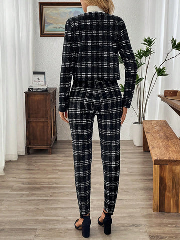 EMERY ROSE 2pcs/Set Women Plaid Long Sleeve Cardigans & Pants Casual Outfit For Autumn/Winter