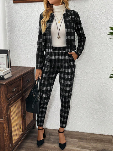 EMERY ROSE 2pcs/Set Women Plaid Long Sleeve Cardigans & Pants Casual Outfit For Autumn/Winter