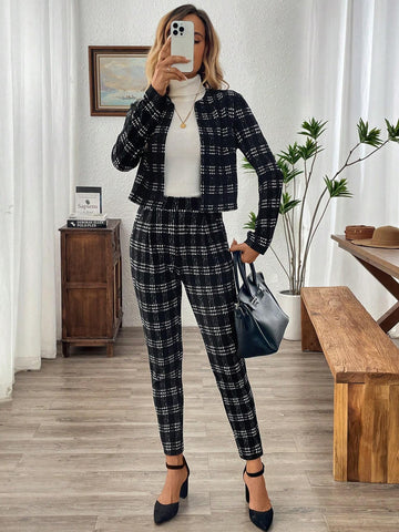 EMERY ROSE 2pcs/Set Women Plaid Long Sleeve Cardigans & Pants Casual Outfit For Autumn/Winter
