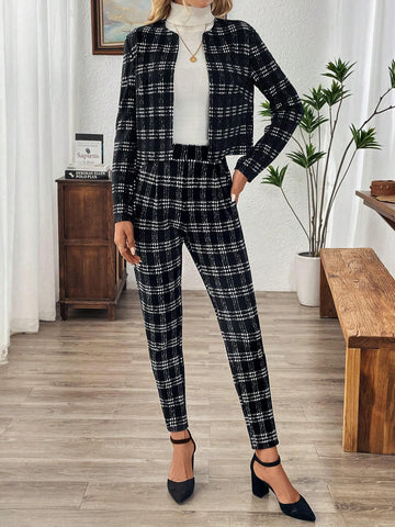 EMERY ROSE 2pcs/Set Women Plaid Long Sleeve Cardigans & Pants Casual Outfit For Autumn/Winter