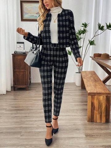 EMERY ROSE 2pcs/Set Women Plaid Long Sleeve Cardigans & Pants Casual Outfit For Autumn/Winter