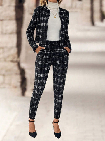 EMERY ROSE 2pcs/Set Women Plaid Long Sleeve Cardigans & Pants Casual Outfit For Autumn/Winter