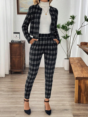 EMERY ROSE 2pcs/Set Women Plaid Long Sleeve Cardigans & Pants Casual Outfit For Autumn/Winter