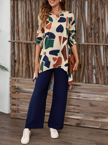 EMERY ROSE 2pcs Women's Asymmetrical Hem Long Sleeve Top And Loose Palazzo Pants Set Women Fall Sets