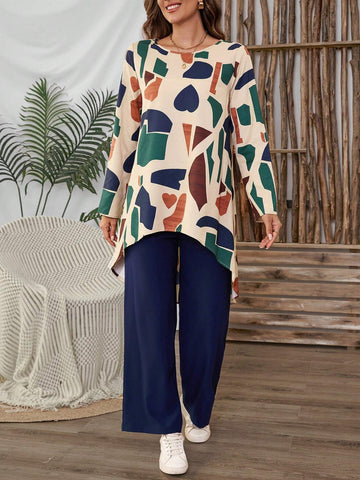 EMERY ROSE 2pcs Women's Asymmetrical Hem Long Sleeve Top And Loose Palazzo Pants Set Women Fall Sets