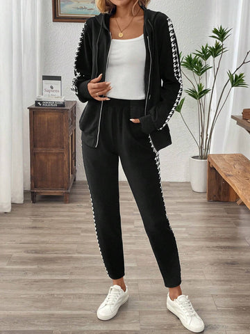 EMERY ROSE 2pcs Women Set: Solid Color Zipper Front Long Sleeve Top And Pants Two Piece Set Women Conjunto De Dos Piezas 2 Piece Outfit Sets For Women
