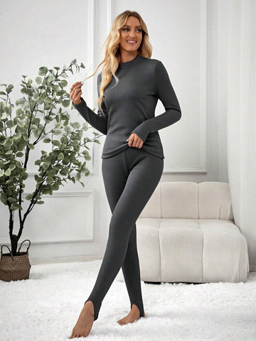 EMERY ROSE 2pcs Women Winter Warm Solid Color Fleece Crew Neck Long Sleeve Top And Pants Set