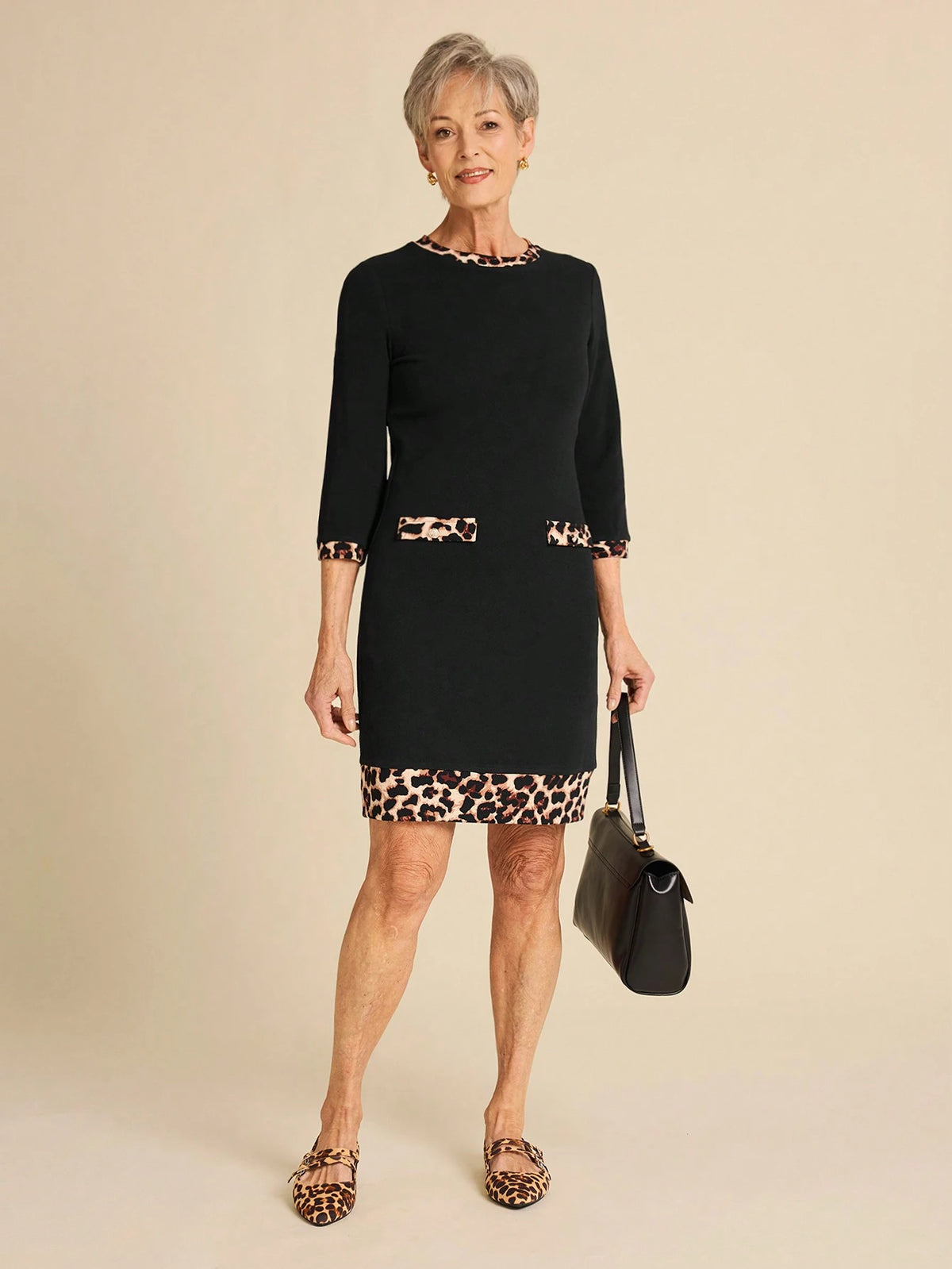 EMERY ROSE 3/4 Sleeve Women's Knitted Patchwork Leopard Print Elegant Dress