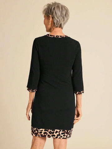 EMERY ROSE 3/4 Sleeve Women's Knitted Patchwork Leopard Print Elegant Dress