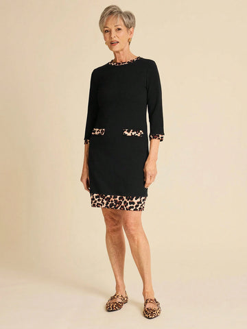 EMERY ROSE 3/4 Sleeve Women's Knitted Patchwork Leopard Print Elegant Dress