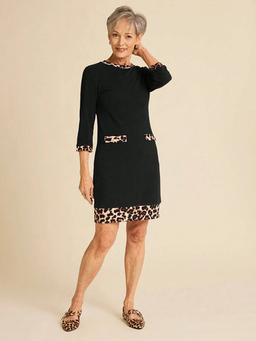 EMERY ROSE 3/4 Sleeve Women's Knitted Patchwork Leopard Print Elegant Dress