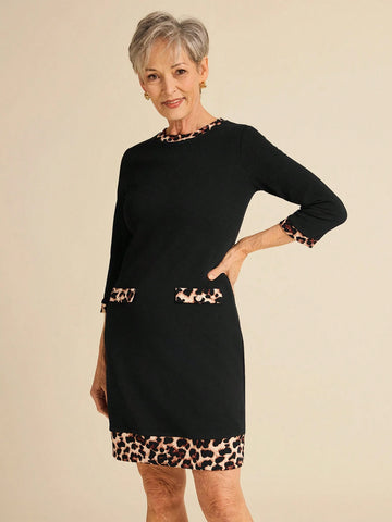 EMERY ROSE 3/4 Sleeve Women's Knitted Patchwork Leopard Print Elegant Dress