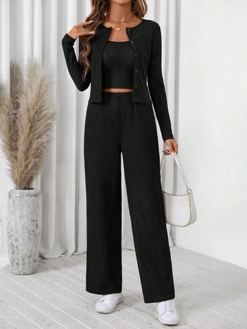 EMERY ROSE 3pcs/Set Women Solid Color Long Sleeve Top And Long Pants With Suspenders