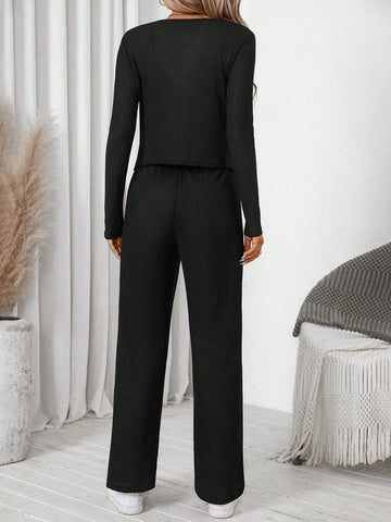 EMERY ROSE 3pcs/Set Women Solid Color Long Sleeve Top And Long Pants With Suspenders