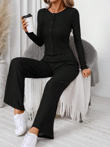 EMERY ROSE 3pcs/Set Women Solid Color Long Sleeve Top And Long Pants With Suspenders