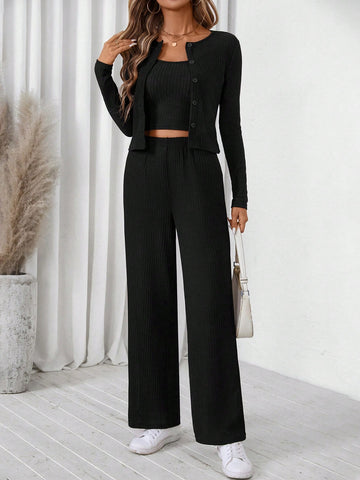 EMERY ROSE 3pcs/Set Women Solid Color Long Sleeve Top And Long Pants With Suspenders