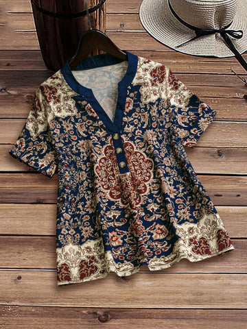 EMERY ROSE Abstract Pattern Country Style V-Neck Casual Women's Shirt