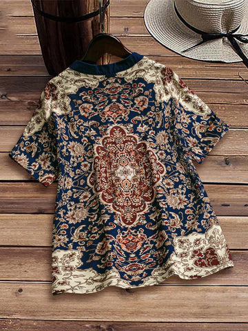 EMERY ROSE Abstract Pattern Country Style V-Neck Casual Women's Shirt