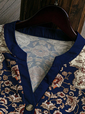 EMERY ROSE Abstract Pattern Country Style V-Neck Casual Women's Shirt