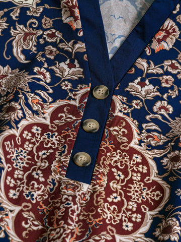 EMERY ROSE Abstract Pattern Country Style V-Neck Casual Women's Shirt