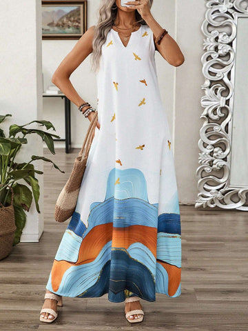 EMERY ROSE Abstract Print V-Neck Sleeveless Dress With Pockets For Women, Summer