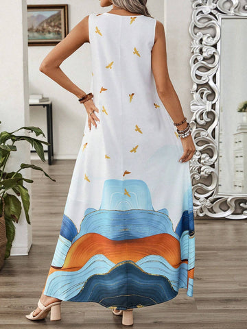 EMERY ROSE Abstract Print V-Neck Sleeveless Dress With Pockets For Women, Summer