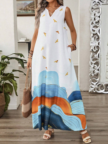 EMERY ROSE Abstract Print V-Neck Sleeveless Dress With Pockets For Women, Summer