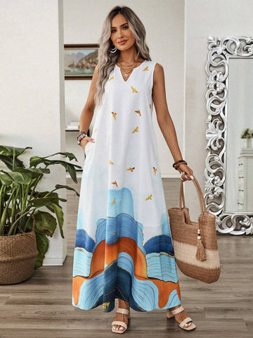 EMERY ROSE Abstract Print V-Neck Sleeveless Dress With Pockets For Women, Summer