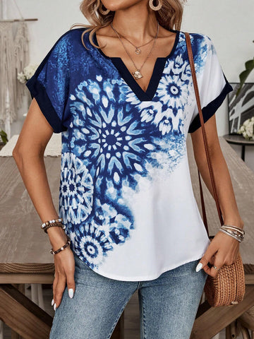 EMERY ROSE Abstract Printed V-Neck Women's Casual Summer Top With Splice