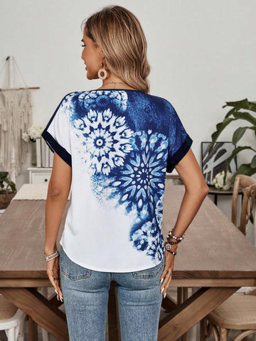 EMERY ROSE Abstract Printed V-Neck Women's Casual Summer Top With Splice