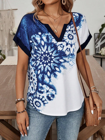 EMERY ROSE Abstract Printed V-Neck Women's Casual Summer Top With Splice