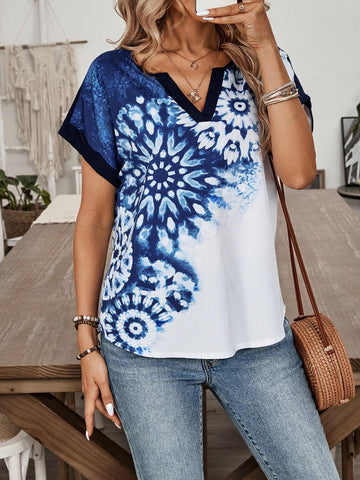 EMERY ROSE Abstract Printed V-Neck Women's Casual Summer Top With Splice