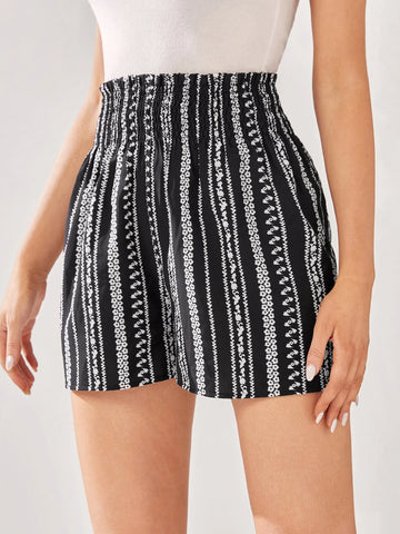 EMERY ROSE Allover Print Shirred Frill Trim Shorts