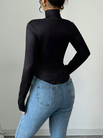 EMERY ROSE Asymmetrical Hem Graphic High Neck Long Sleeve T-Shirt