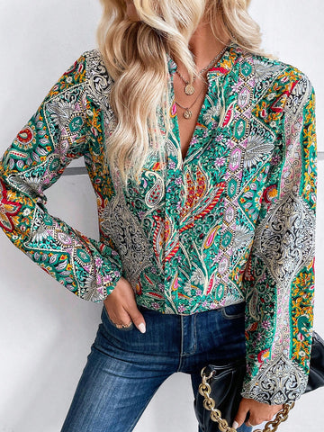 EMERY ROSE Autumn Casual Paisley Print Notched Collar Shirt