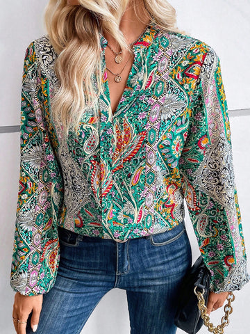 EMERY ROSE Autumn Casual Paisley Print Notched Collar Shirt