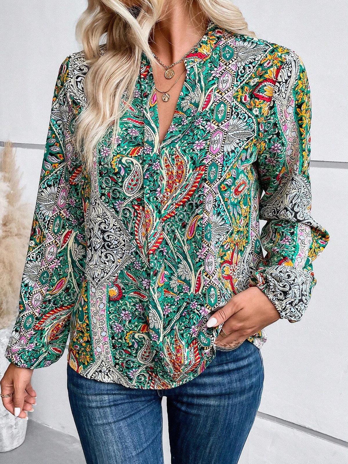 EMERY ROSE Autumn Casual Paisley Print Notched Collar Shirt